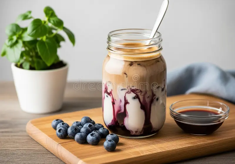 layered blueberry iced latte mason jar visually spoon showing swirls syrup milk espresso surrounded fresh 395595580iced latte berry