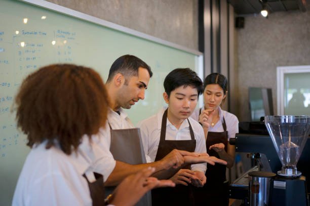 student is study make coffee. to be barista. education and up skill concept.